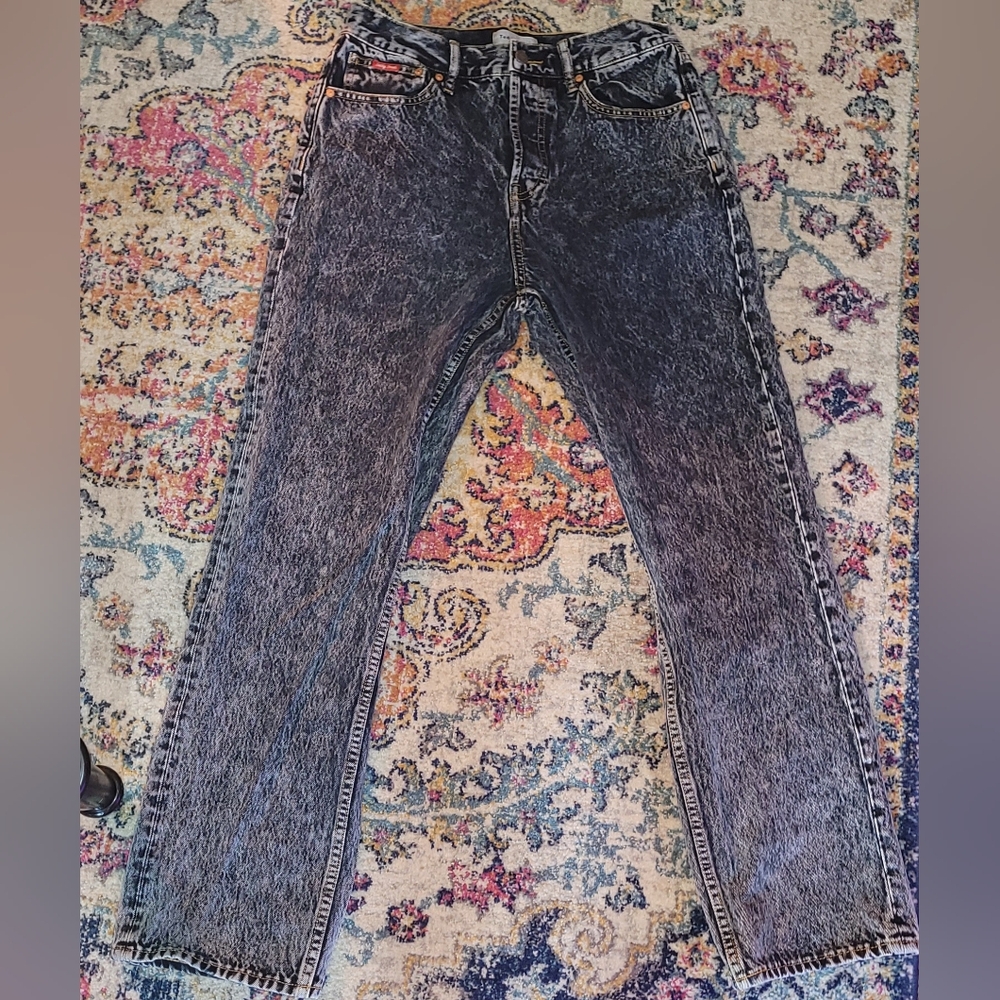 Women's Acid Wash Blue/Grey Straight Leg High Waisted Jeans - Teddy Fresh
